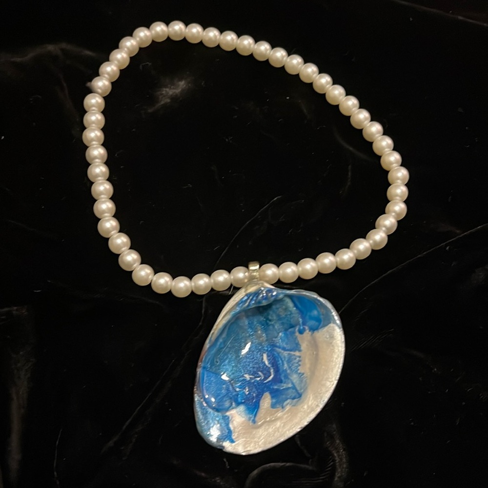 Stretchy Faux Pearls & Real Seashell One if a Kind Handmade Necklace